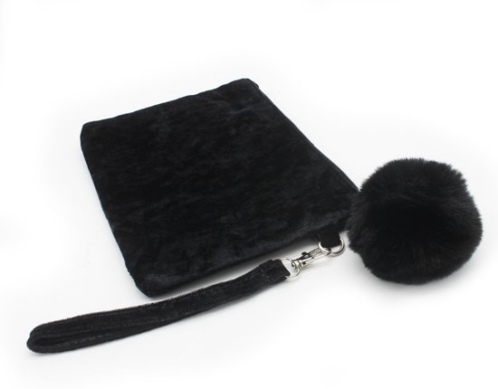 Trendy Clutch  Tas met Pompon Fluweel en Imitatiebont Ritssluiting 22x16 cm Zwart