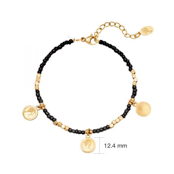 NIEUW! Jill - Armband Beads And Coins - Zwart - Goudkleurig